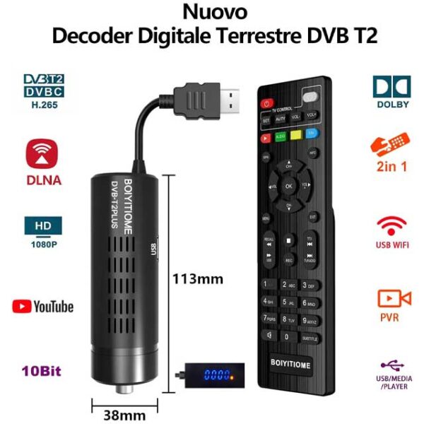 2023 DVB-T2 Set-Top Box – 4K Ultra HD 1080P H265 HEVC Digital Terrestrial Decoder, 10-Bit HDMI/AV/USB WiFi, Dolby Audio, Multimedia, PVR & 2-in-1 Remote Control
