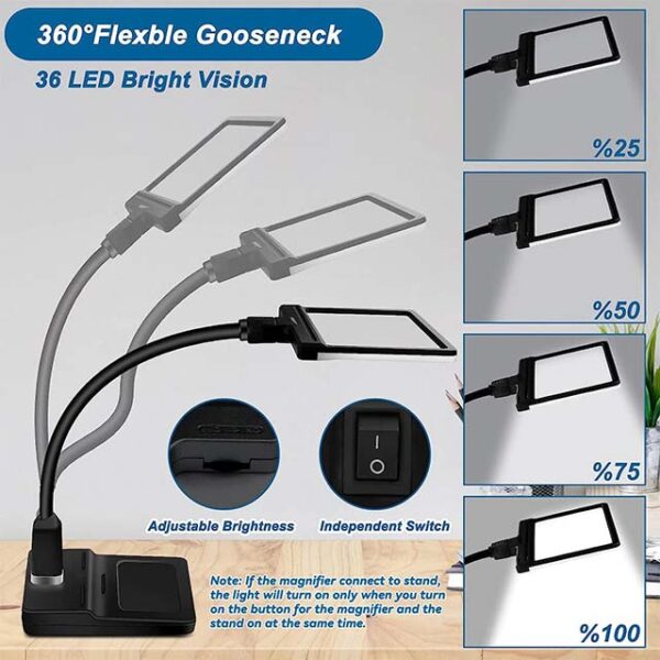 4X LED Magnifying Glass with 36 LED Light & Flexible Gooseneck Stand – Adjustable Brightness Detachable Large Page Magnifier for Reading, Sewing, Crafts & Close Work