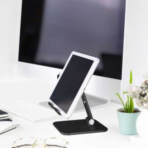 Adjustable Aluminum Tablet Stand for 13" Devices – Foldable, Portable & Durable Black Table Mount