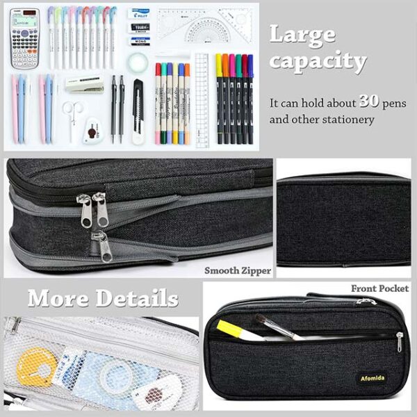 Afomida Durable Large Capacity Pencil Case for Teenagers – Foldable & Zip Closure Stationery Pen Bag in Dark Grey for School & Office