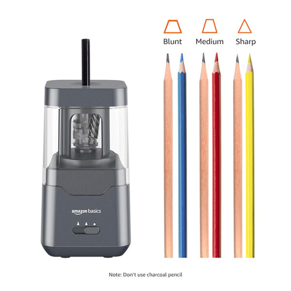 Amazon Basics Portable Electric Pencil Sharpener – Compact Spiral Blade Design with Automatic Stop, Battery/USB Powered, Black (9 x 9 x 16 cm)