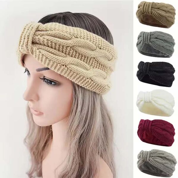 Autumn Winter Women's Plush Knitting Wool Headband & Turban Set – Warm Ear Warmer & Hair Bands, 2pcs (Beige & Grey)
