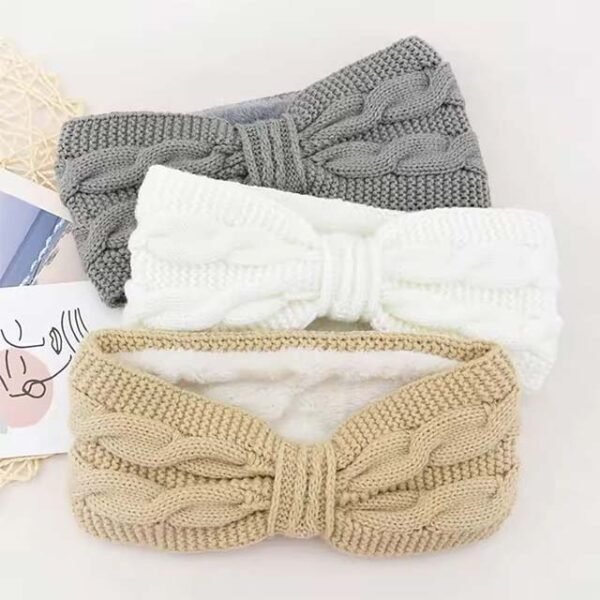 Autumn Winter Women's Plush Knitting Wool Headband & Turban Set – Warm Ear Warmer & Hair Bands, 2pcs (Beige & Grey)