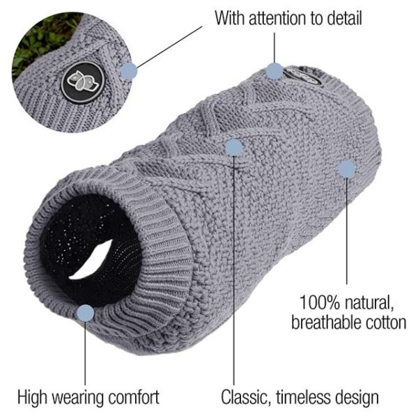 Bella & Balu 100% Cotton Cable Knit Dog Jumper – Warm Grey Dog Sweater for Cold Weather