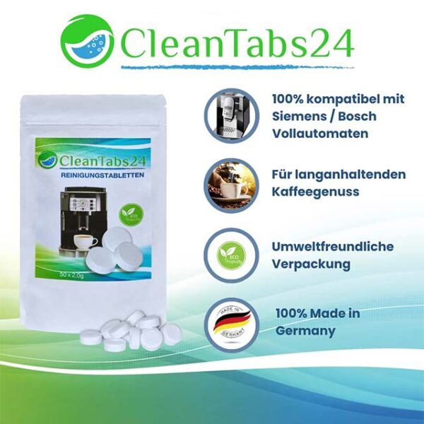 CleanTabs24 ECO Coffee Machine Cleaning Tablets 50x2g – Compatible with Jura, Siemens, Krups, Bosch, Miele, Melitta, WMF & More