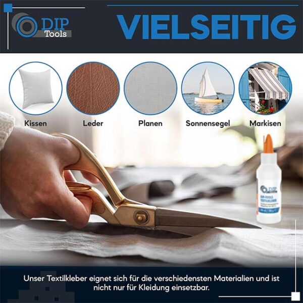 DIP-Tools Extra Strong Textile & Fabric Glue 100ml – Dishwasher Safe, Transparent, Waterproof, No Residue & Odorless Adhesive for Polyester Jeans and More