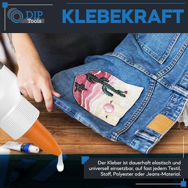 DIP-Tools Extra Strong Textile & Fabric Glue 100ml – Dishwasher Safe, Transparent, Waterproof, No Residue & Odorless Adhesive for Polyester Jeans and More