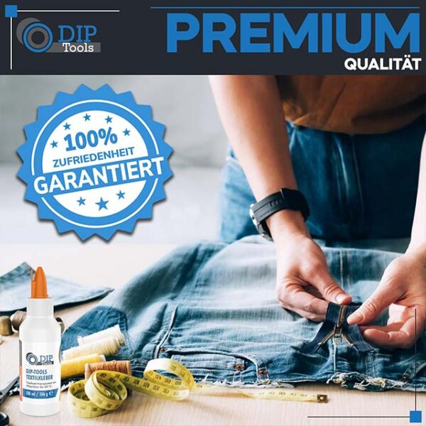 DIP-Tools Extra Strong Textile & Fabric Glue 100ml – Dishwasher Safe, Transparent, Waterproof, No Residue & Odorless Adhesive for Polyester Jeans and More
