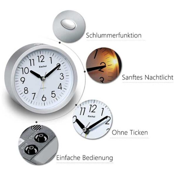 Eachui Quartz Analog Alarm Clock – 4.2" Large Dial Table Clock with Night Light, Snooze, Height & Strong Alarms, Battery Operated