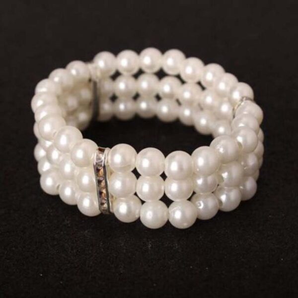 Elegant Women's 3-Row Pearl & Rhinestone Elastic Bracelet – Stretch Bangle Jewelry for Ladies