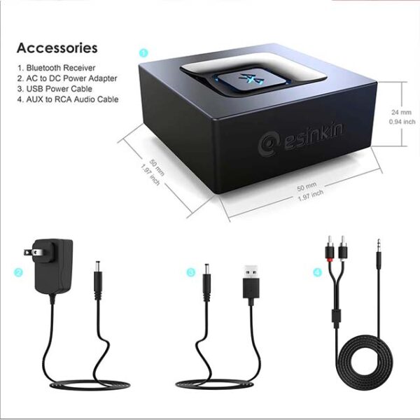 Esinkin Bluetooth Audio Adapter – Wireless Music Streaming Receiver for Home Stereo, Smartphones & Tablets