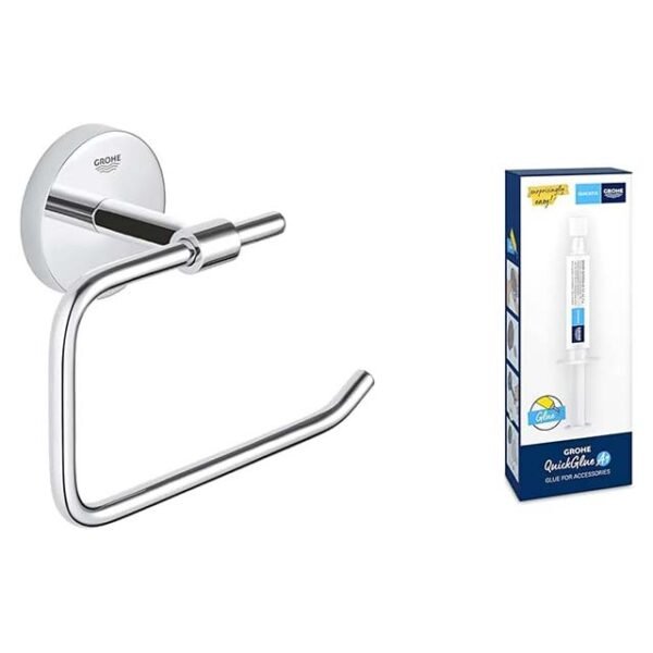 GROHE Start Cosmopolitan QuickFix Toilet Roll Holder – Chrome Finish, Concealed Mounting with QuickGlue A1 (Metal, Screws & Dowels Included, 153 x 109mm, Without Cover, Model 41165000, 1 pc)