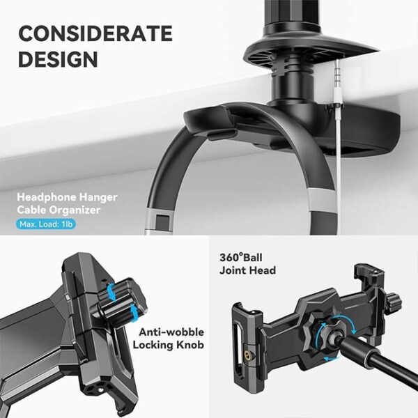 KDD 360° Adjustable Gooseneck Tablet Stand for Bed, Desk & Video Recording – Flexible iPad/Phone Holder with Headboard Clamp
