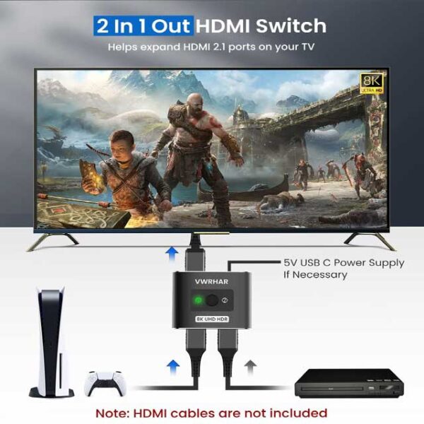 HDMI 2.1 8K/4K HDR Bi-Directional Switch – 2-in-1/1-in-2 High-Speed 48Gbps HDMI Splitter for PS5, Xbox Series X, Apple TV, Samsung & LG TVs