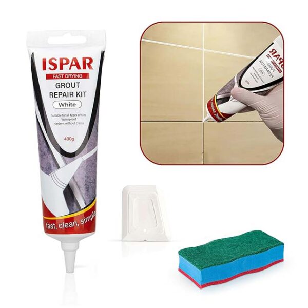 ISPAR Tile Grout Repair Set – Quick-Drying Ready Mixed White Grout for Wall & Floor Tile Joints with Spatula & Sponge, Complete Repair Mortar Kit