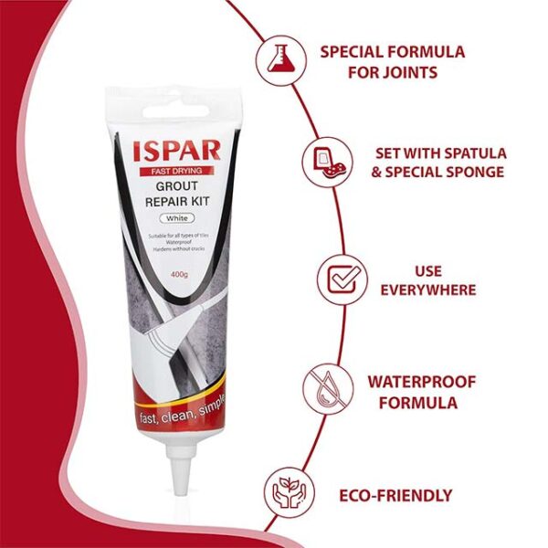 ISPAR Tile Grout Repair Set – Quick-Drying Ready Mixed White Grout for Wall & Floor Tile Joints with Spatula & Sponge, Complete Repair Mortar Kit