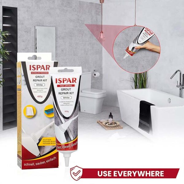 ISPAR Tile Grout Repair Set – Quick-Drying Ready Mixed White Grout for Wall & Floor Tile Joints with Spatula & Sponge, Complete Repair Mortar Kit
