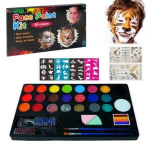 Janolia Kids Face & Body Paint Kit – Non Toxic Party Makeup Palette with 20 Colors, 3 Glitters, 2 Hair Chalk Combs, 2 Brushes, 32 Stencils & Tattoo – Perfect for Halloween & Facepaint Parties