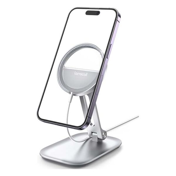 Lamicall MagSafe Phone Stand – Dual Hinge Collapsible Charging Dock for iPhone 16/15/14/13 & AirPods – Adjustable Desk & Nightstand Holder
