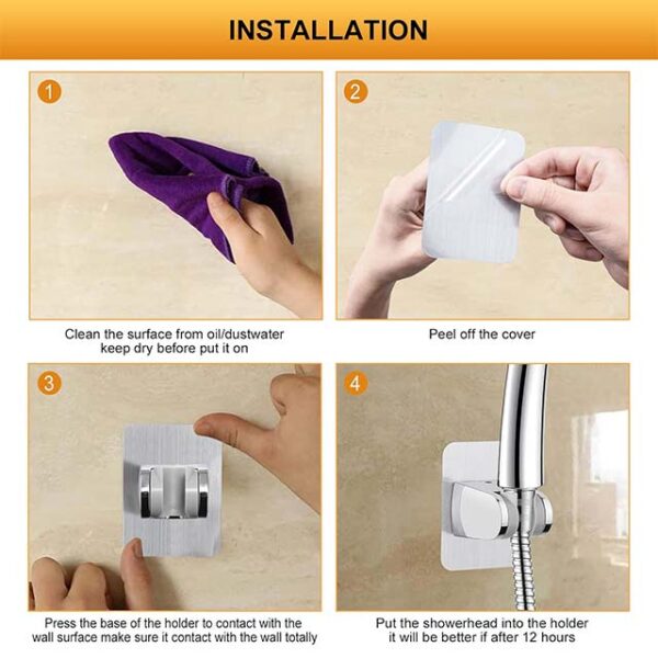 Ibergrif M20405 No-Drill Self Adhesive Shower Head Holder – Adjustable Wall Mount Bracket for Handheld Shower Heads (Silver)