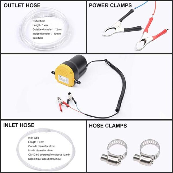 12V/60W Oil Change Pump Extractor with Tubes – High-Performance Oil & Diesel Fluid Suction Pump for Engine Oil Transfer in Trucks, RVs, Boats, ATVs, Cars & Motorbikes