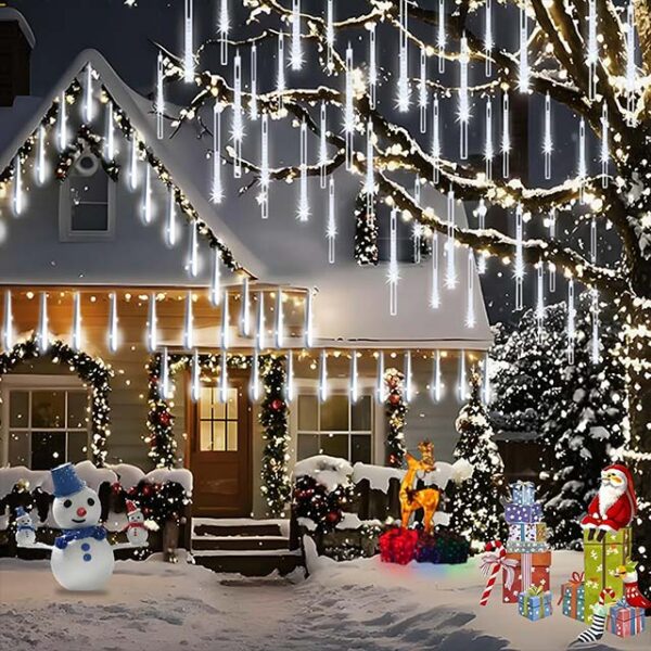 Outdoor 11.8-Inch Shower Lights with 8 Tubes & 192 LED Snowfall Meteor Lights – Waterproof Hanging Decor for Trees, Bushes & Holiday Parties