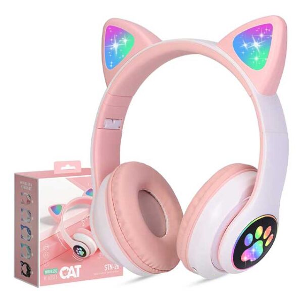 Pink Wireless Cat Ear Headphones – 5.0 Bluetooth Gaming Headset with LED Light, Foldable Stereo Over-Ear Headphones for Kids & Adults