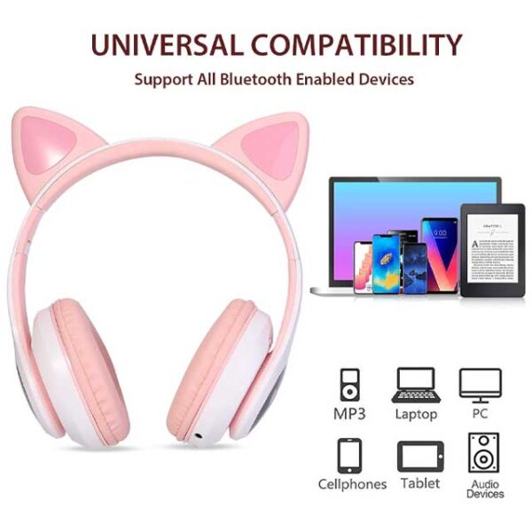 Pink Wireless Cat Ear Headphones – 5.0 Bluetooth Gaming Headset with LED Light, Foldable Stereo Over-Ear Headphones for Kids & Adults