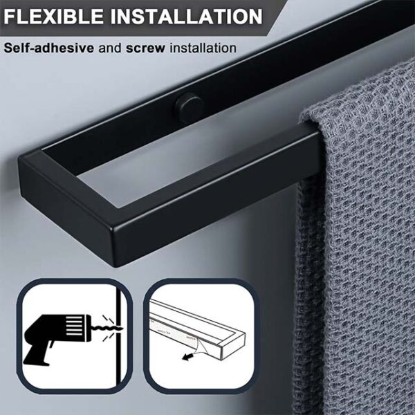 Premium Black Towel Holder – 304 Stainless Steel Wall Mounted Self-Adhesive Bathroom Rack Hardware