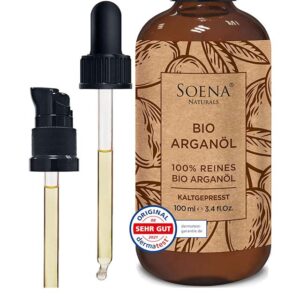 Soena Naturals Organic Argan Oil – Cold Pressed 100% Pure Moroccan Argan Oil for Hair, Skin & Nails, 100ml in Light-Protected Brown Glass with Pipette & Pumper