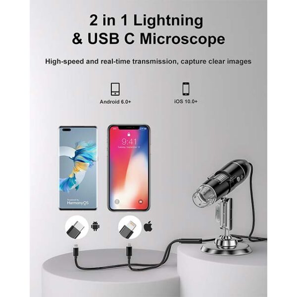 USB Digital Microscope for iPhone & Android – 10X to 200X HD Mobile Microscope with 8 LED Lights & Adjustable Stand, Compatible with iOS, Android & Tablet