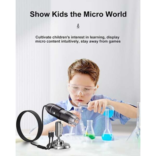 USB Digital Microscope for iPhone & Android – 10X to 200X HD Mobile Microscope with 8 LED Lights & Adjustable Stand, Compatible with iOS, Android & Tablet