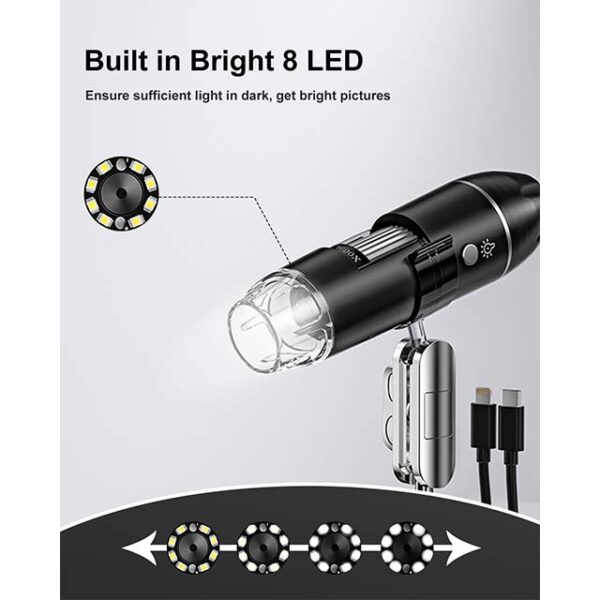 USB Digital Microscope for iPhone & Android – 10X to 200X HD Mobile Microscope with 8 LED Lights & Adjustable Stand, Compatible with iOS, Android & Tablet