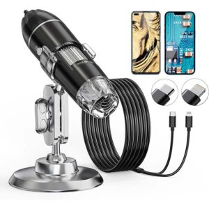 USB Digital Microscope for iPhone & Android – 10X to 200X HD Mobile Microscope with 8 LED Lights & Adjustable Stand, Compatible with iOS, Android & Tablet