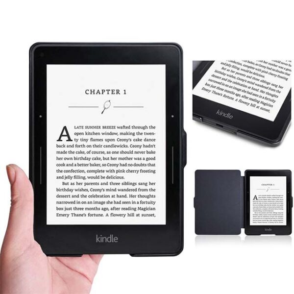 WALNEW Protective Case for Amazon Kindle Voyage – Ultra-Thin, Lightweight PU Leather Cover with Auto Sleep/Wake & Elegant Black Flower Design