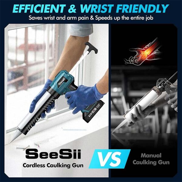 21V Cordless Caulking Gun – Electric Adhesive Gun with LED Light, 2.0Ah Li Battery & Charger, 4 Adjustable Speeds, Drip-Free Filling & Sealing (10oz/300ml)