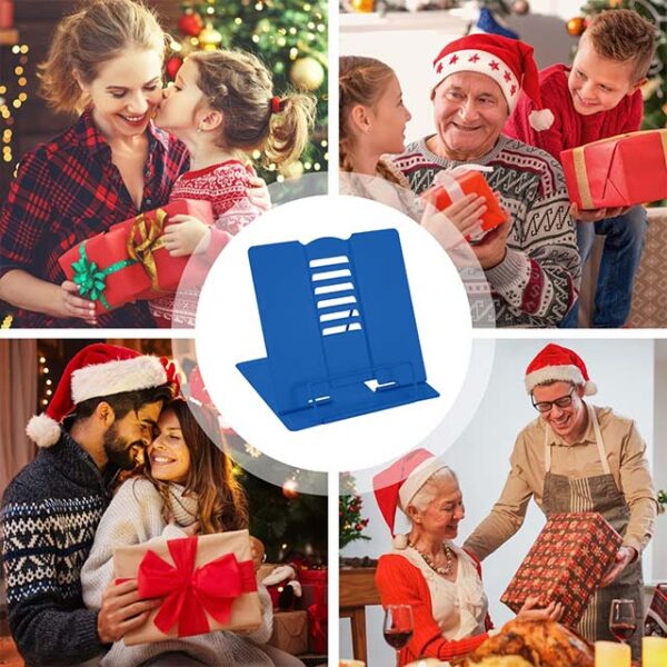 Blue Metal Desk Book Stand – Adjustable & Portable Reading Rest, Cookbook & Document Holder with Page Clips for Recipes, Textbooks, Tablets & Music Books