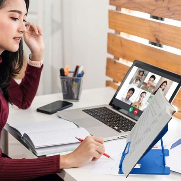 Blue Metal Desk Book Stand – Adjustable & Portable Reading Rest, Cookbook & Document Holder with Page Clips for Recipes, Textbooks, Tablets & Music Books