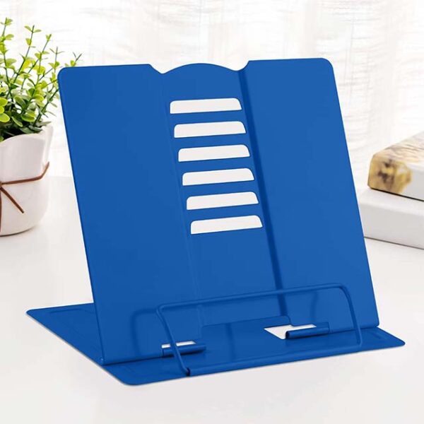 Blue Metal Desk Book Stand – Adjustable & Portable Reading Rest, Cookbook & Document Holder with Page Clips for Recipes, Textbooks, Tablets & Music Books