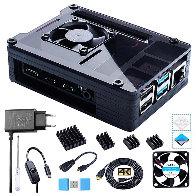 Bruphny Acrylic Case Kit for Raspberry Pi 4 Model B – Includes HDMI Cable, Cooling Fan, 4 Heat Sinks & USB-C Power Supply