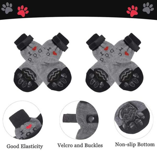 Double-Sided Anti-Slip Dog Socks – 4PCS Adjustable Paw Protectors with Traction Control & Licking Prevention for Indoor Use