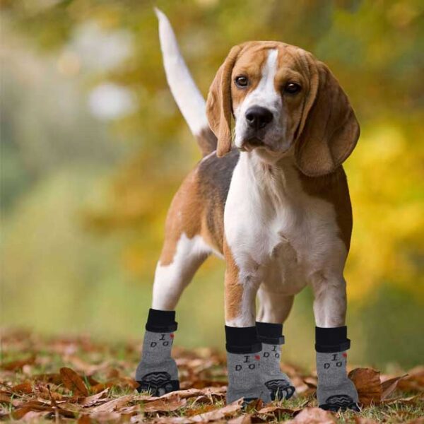 Double-Sided Anti-Slip Dog Socks – 4PCS Adjustable Paw Protectors with Traction Control & Licking Prevention for Indoor Use