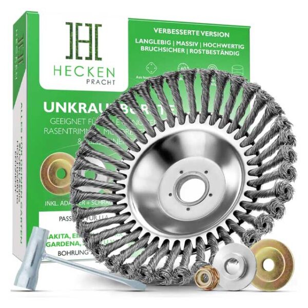 HECKENPRACHT© Professional Weed Remover Brush for Strimmer – 2022 Improved Concept with 25.4mm Bore | Efficient Wire Brush Cutter for Powerful Cutting