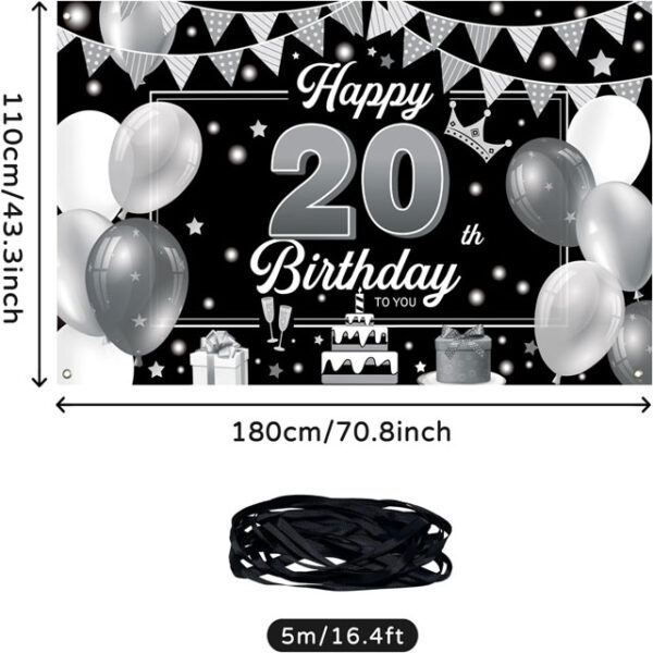 Koliphy Black & Silver 20th Birthday Banner – Happy Birthday Backdrop Party Decoration for Men & Women (Indoor/Outdoor)