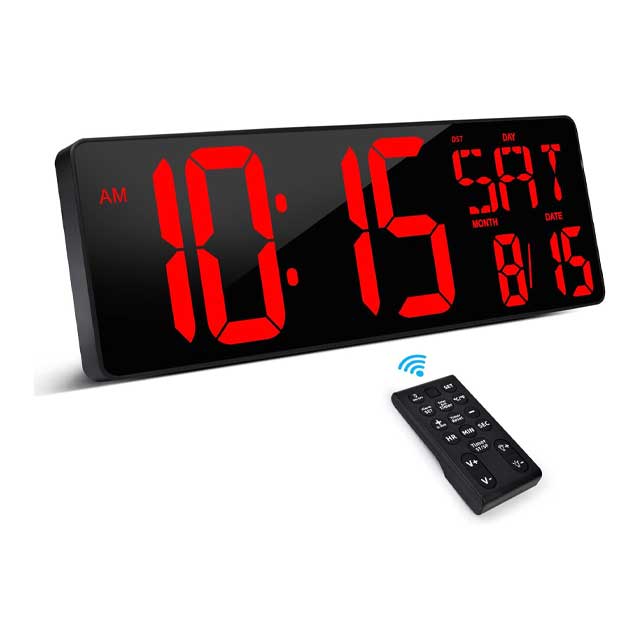 Large Digital Wall Clock with Remote Control – 16.5" LED Display, Count Up/Down Timer & Adjustable Alarm Clock with Day/Date/Temperature for Home, Gym, Office & Classroom