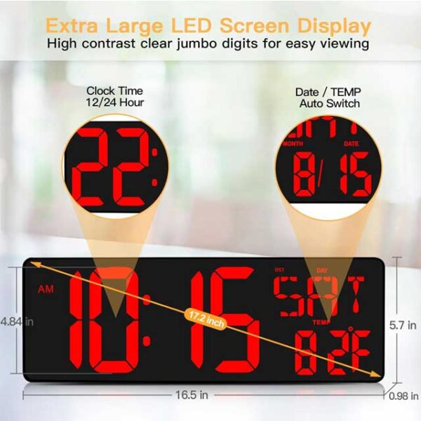 Large Digital Wall Clock with Remote Control – 16.5" LED Display, Count Up/Down Timer & Adjustable Alarm Clock with Day/Date/Temperature for Home, Gym, Office & Classroom