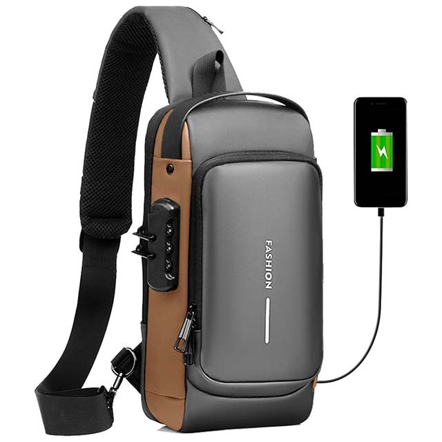 Men's Waterproof Anti-Theft Sling Bag Pack with Lock & USB Charging Port – Chest, Crossbody & Shoulder Backpack in Grey & Brown