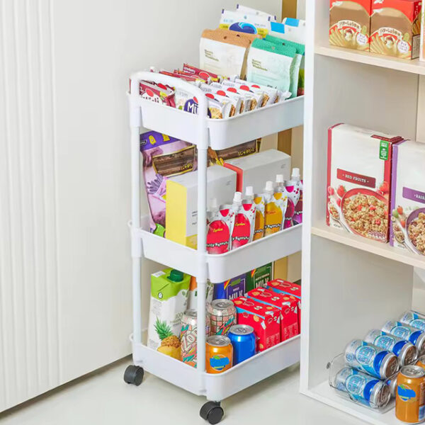Plastic Rolling Utility Cart with Handle – 3-Tier Movable Storage Trolley with Wheels for Kitchen, Office, Bathroom & Living Room Organization