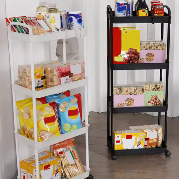 Plastic Rolling Utility Cart with Handle – 3-Tier Movable Storage Trolley with Wheels for Kitchen, Office, Bathroom & Living Room Organization