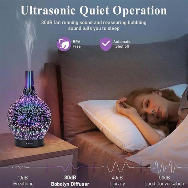 Ultrasonic Essential Oil Diffuser Glass – Electric Aromatherapy Cool Mist Diffuser with 3D Firework Light, Whisper Quiet & Auto Shut-Off for Home, Office, SPA & Yoga